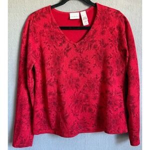 Villager Liz Claiborne Company Sweater Women Large Red Metallic Floral V Neck